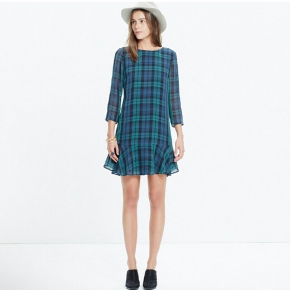 Madewell 100% Silk Plaid Dress - Blue and Green, Ruffle Hem, Size 2